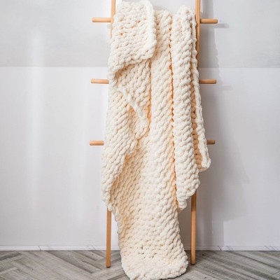 Handmade Thick Wool Knitted Blanket Sofa Chenille Stick Knitted Blanket  Size  130 x 160 CM  Custard