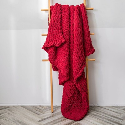 Handmade Thick Wool Knitted Blanket Sofa Chenille Stick Knitted Blanket  Size  130 x 160 CM  Scarlet